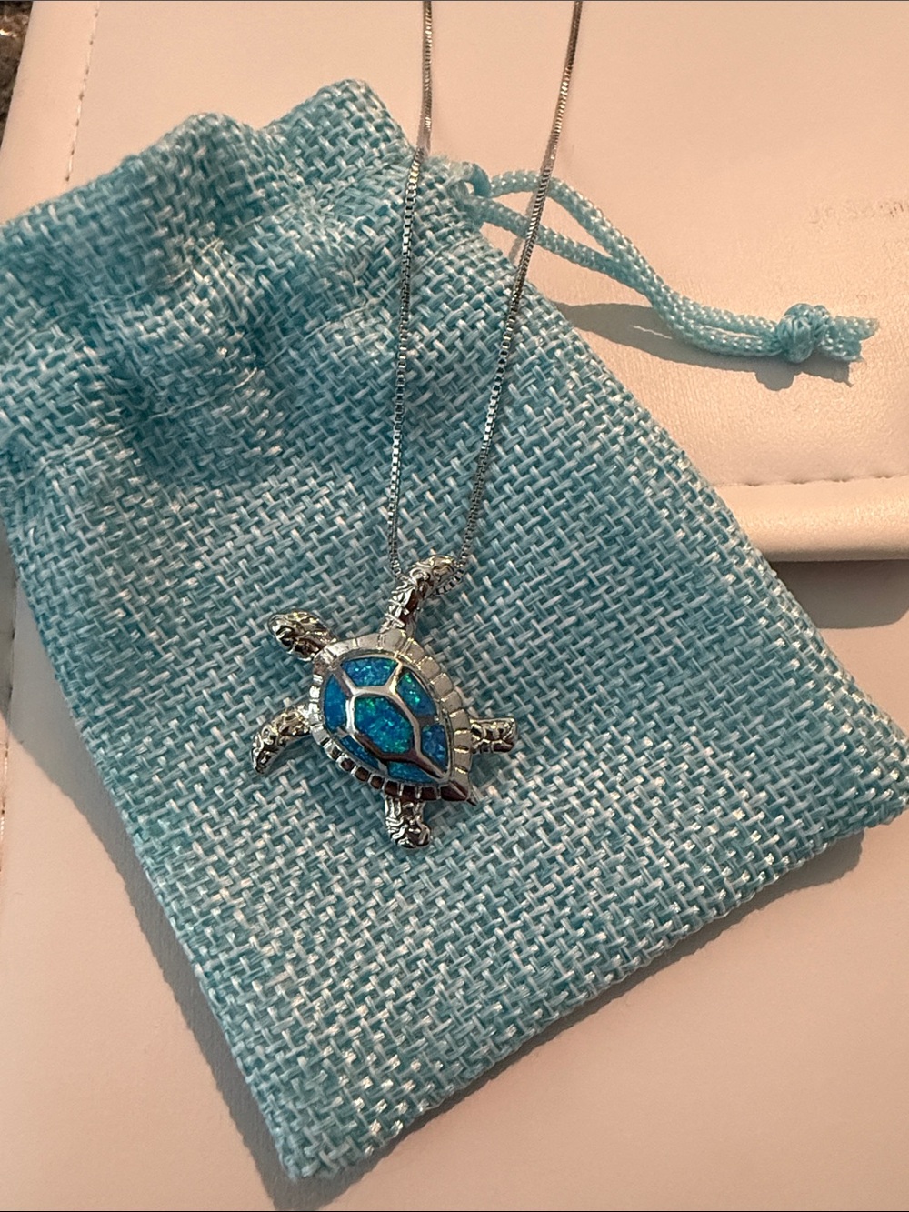 Sterling Silver Turtle Pendant Necklace with Blue Opal Inlay